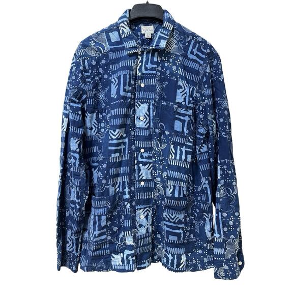 J Crew Mens Indian Madras Patchwork Blue Button Up Shirt Size L Blue Indigo Dyed - Picture 1 of 9